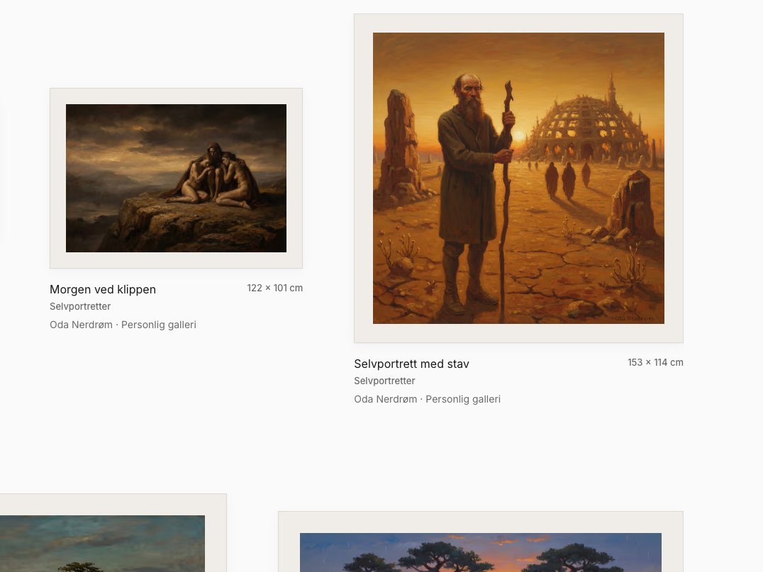 Utsnitt av Galleryspace-forsiden: to malerier av Oda Nerdrøm i lyse passepartouter, «Morgen ved klippen» og «Selvportrett med stav», med tittel, mål og galleri under.