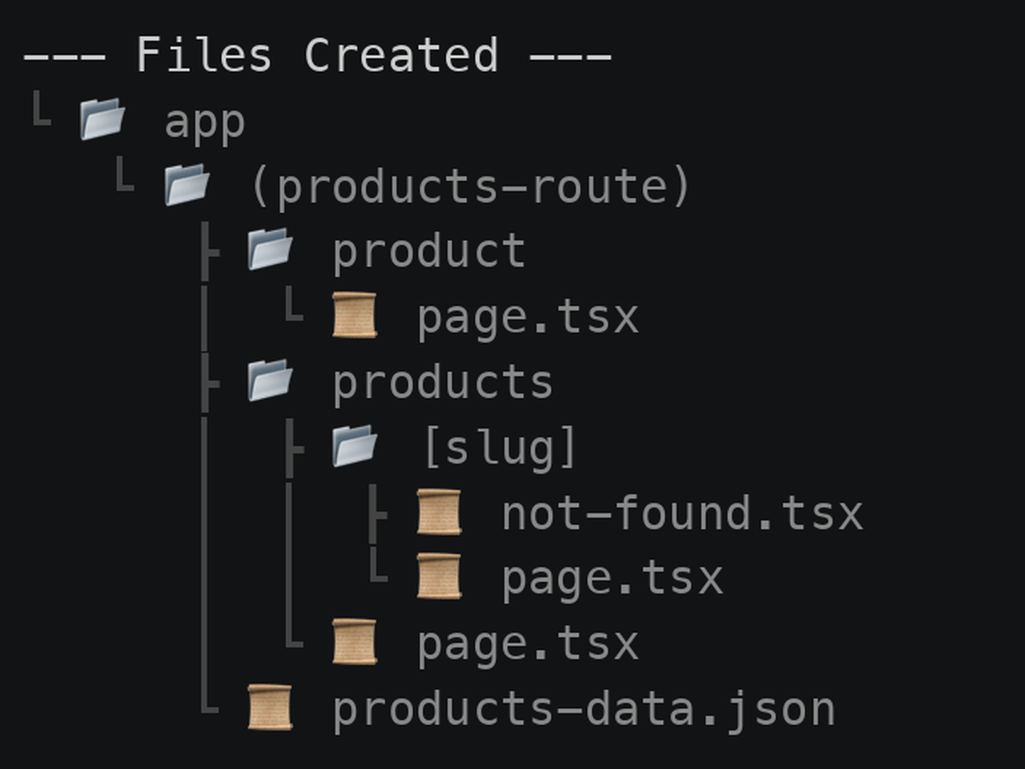 Terminalbilde fra et Nextgen-opptak: filtreet «Files Created» som kommandoen nettopp skrev. Treet viser app/(products-route) med product/page.tsx, products/page.tsx, products/[slug]/page.tsx, not-found.tsx og products-data.json.