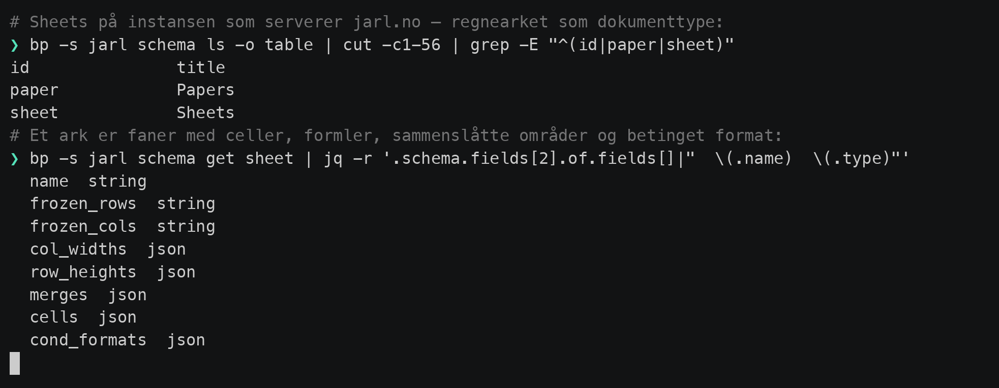 Terminalvindu der bp lister dokumenttypene på jarl-instansen: paper (Papers) og sheet (Sheets) side om side, og under vises feltene i et ark — name, frozen_rows, frozen_cols, col_widths, row_heights, merges, cells og cond_formats.